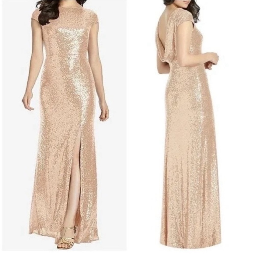 Dessy Collection 3043 Rose Gold Cap Sleeve Sequined Gown Sz 2